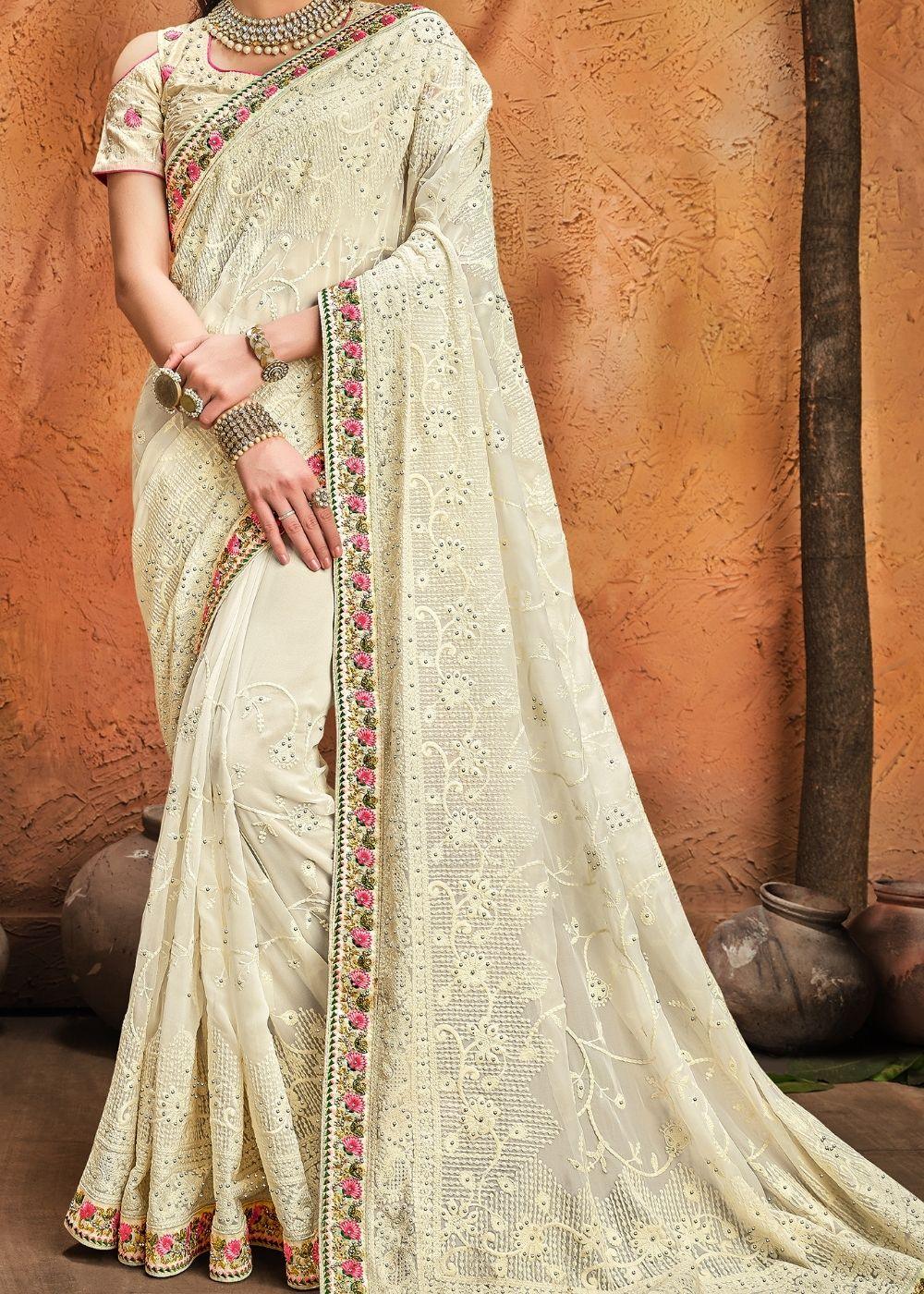 Linen White Pure Georgette Saree with Moti, Cut-Dana & Lucknowi work | Stitched Blouse - qivii