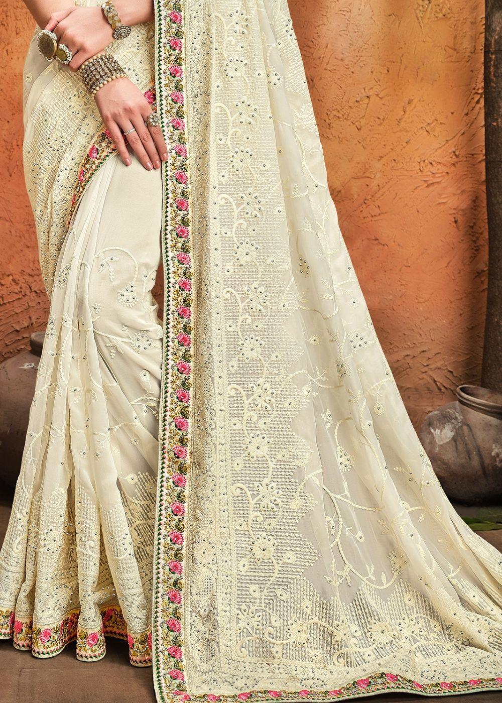 Linen White Pure Georgette Saree with Moti, Cut-Dana & Lucknowi work | Stitched Blouse - qivii