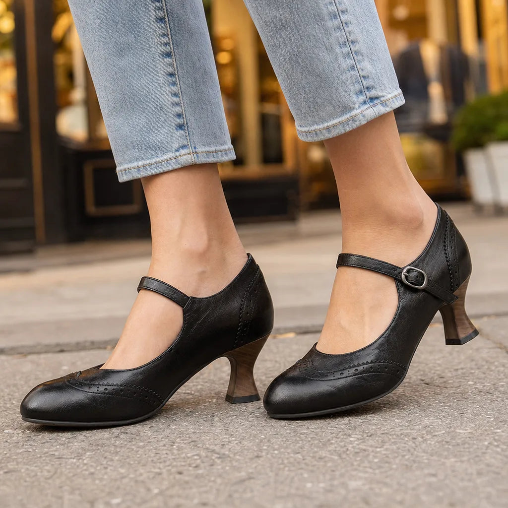 Black Livingston women's vintage Mary Jane heels by Hudson Ridge with rounded toe and low heel, stylish women's footwear.