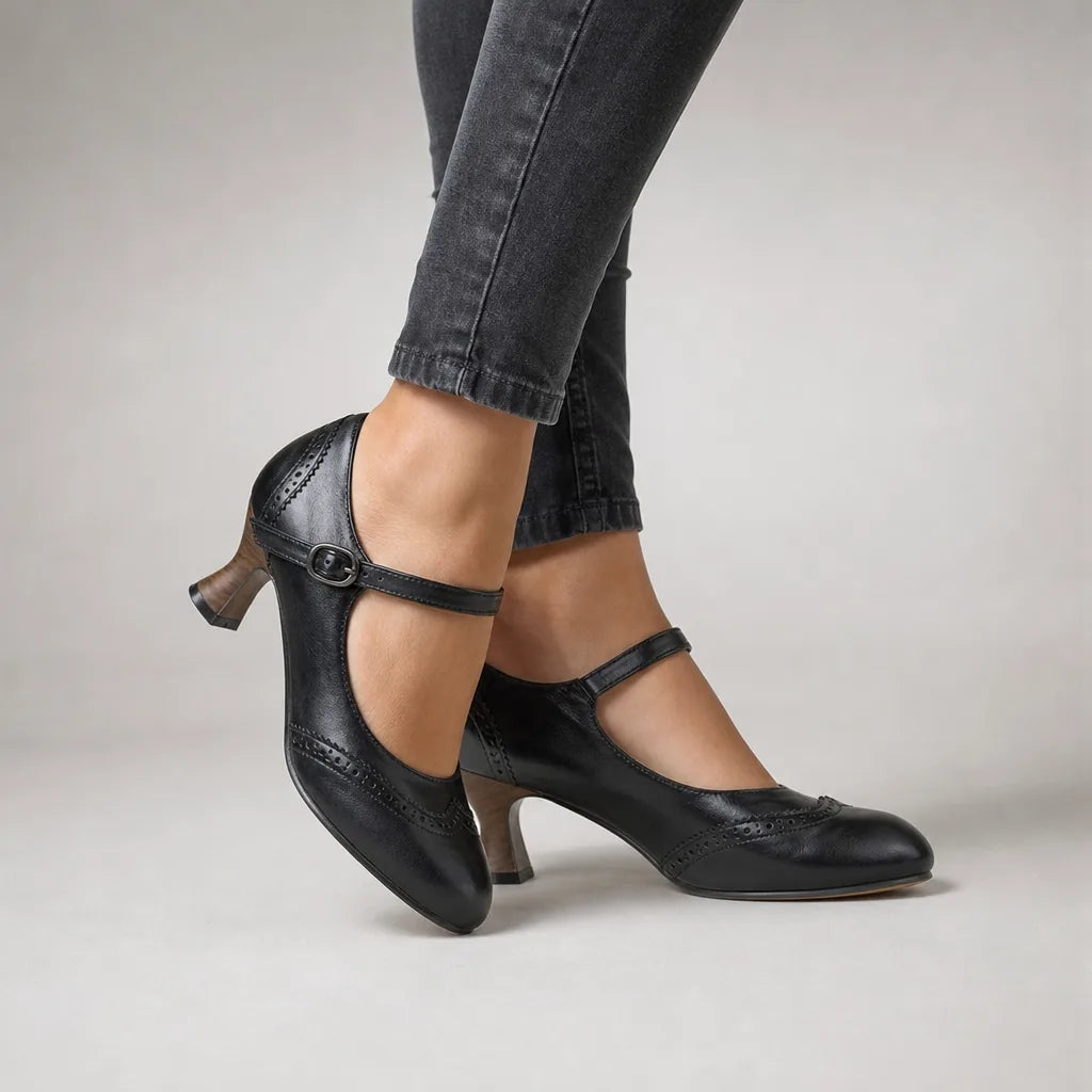 Black Livingston women's vintage Mary Jane heels by Hudson Ridge, featuring classic strap design and low heel for stylish comfort.