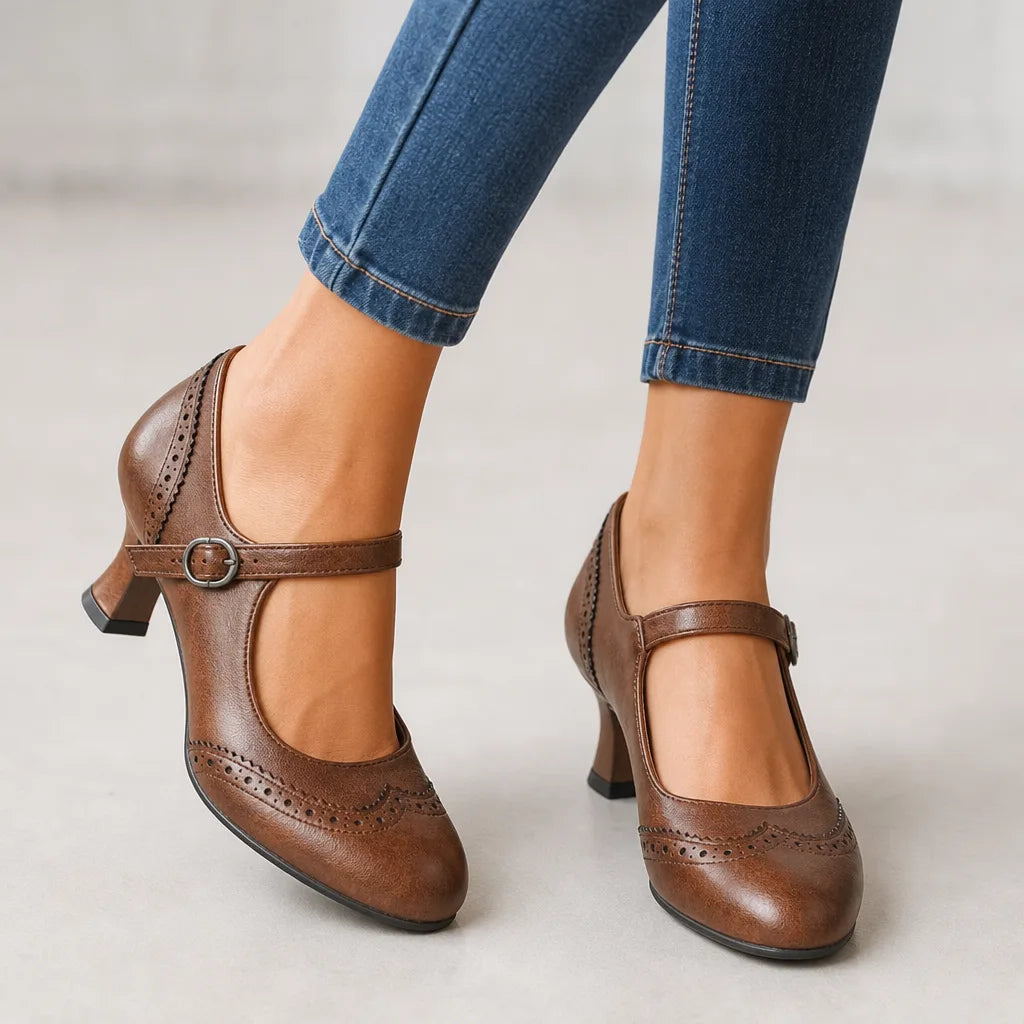 Brown vintage Mary Jane heels for women by Hudson Ridge, featuring classic Mary Jane style with comfortable straps and elegant design.