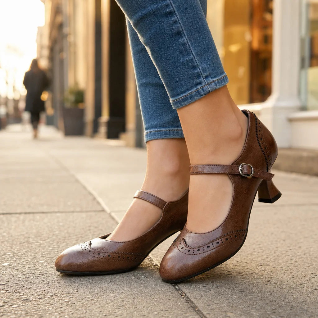 Brown Livingston women's vintage Mary Jane heels by Hudson Ridge, stylish footwear with classic strap detail.