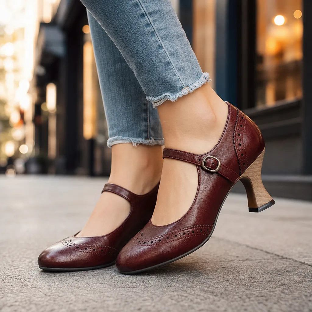 Red vintage Mary Jane heels for women by Hudson Ridge, featuring classic style and comfortable strap design.