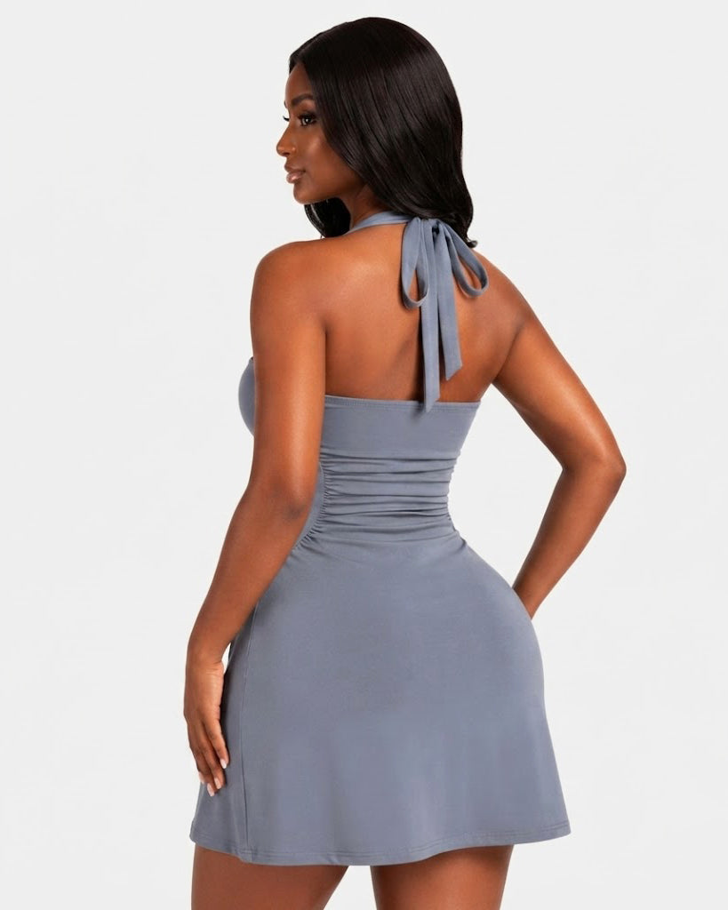 Halter Side Ruched Waist-cinching A Line Mini Dress  - By Qivii