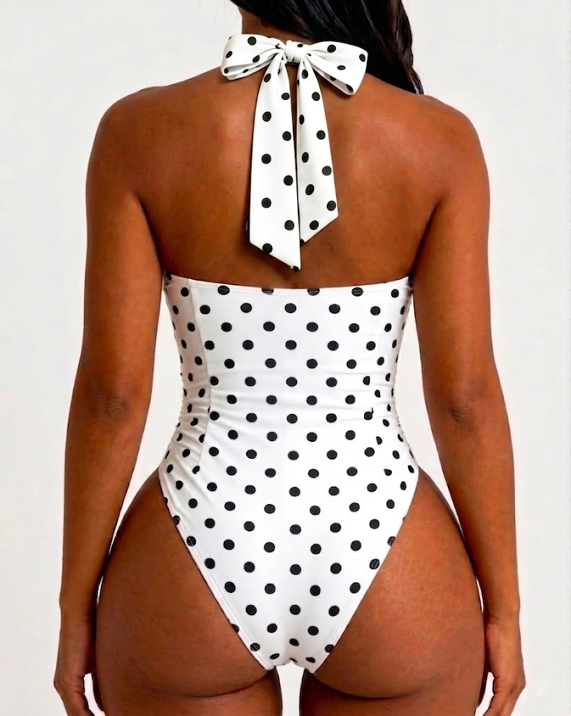 Polka Dot Halter Sweetheart Neck Ruched Back Bow Tie High Leg One-piece Swimsuit  - By Qivii