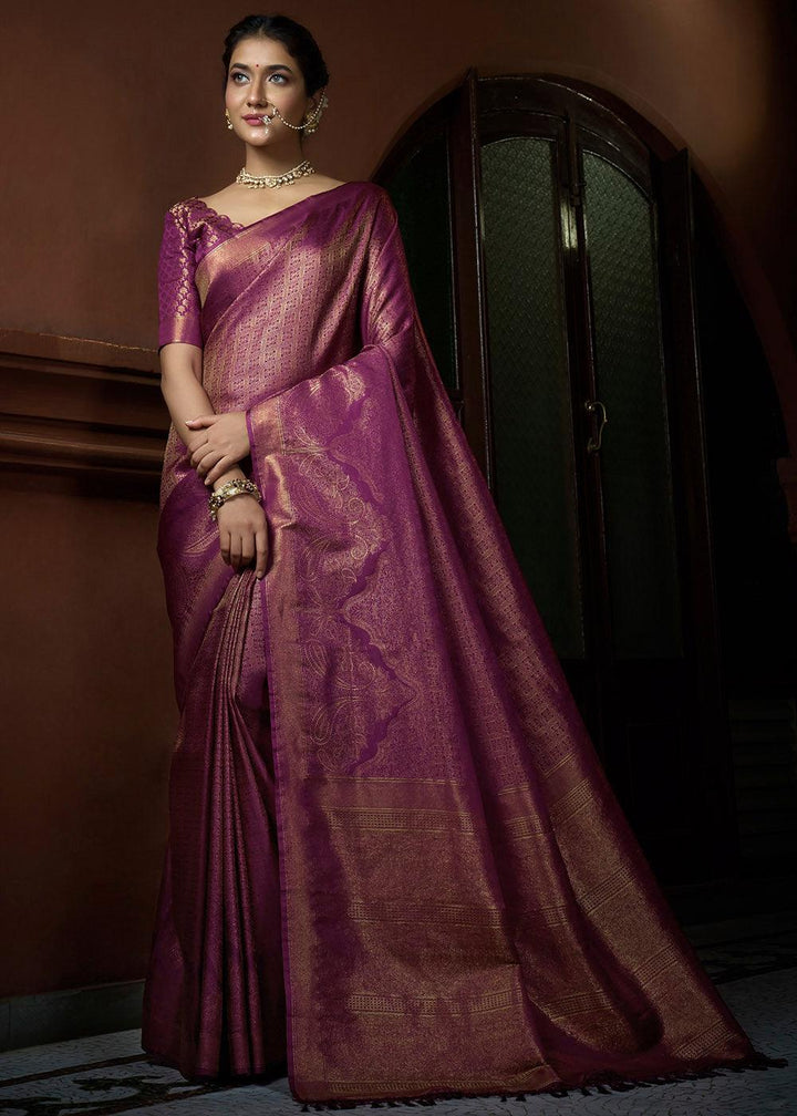 Lollipop Purple & Golden Blend Woven Kanjivaram Silk Saree | Stitched Blouse - qivii