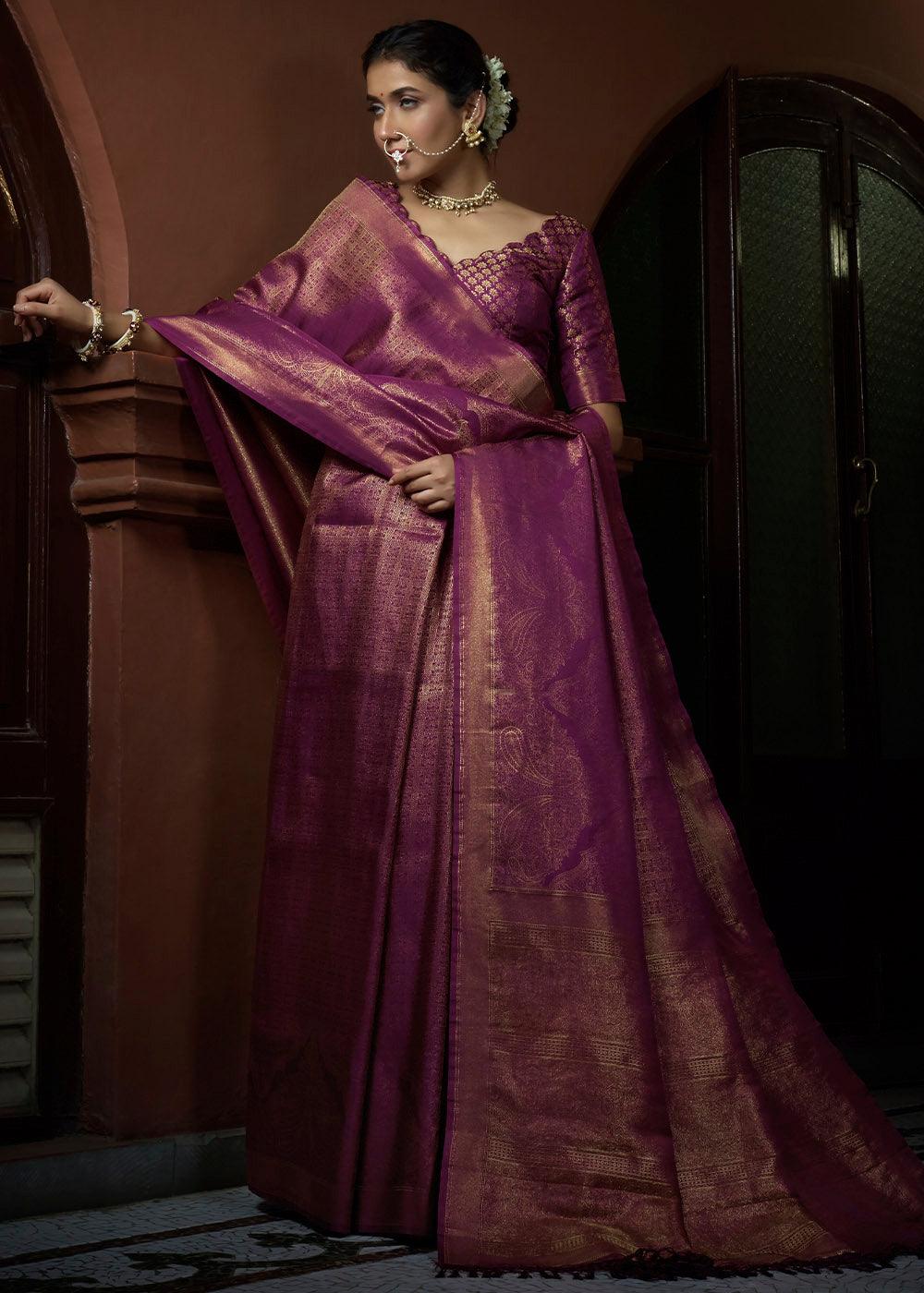 Lollipop Purple & Golden Blend Woven Kanjivaram Silk Saree | Stitched Blouse - qivii