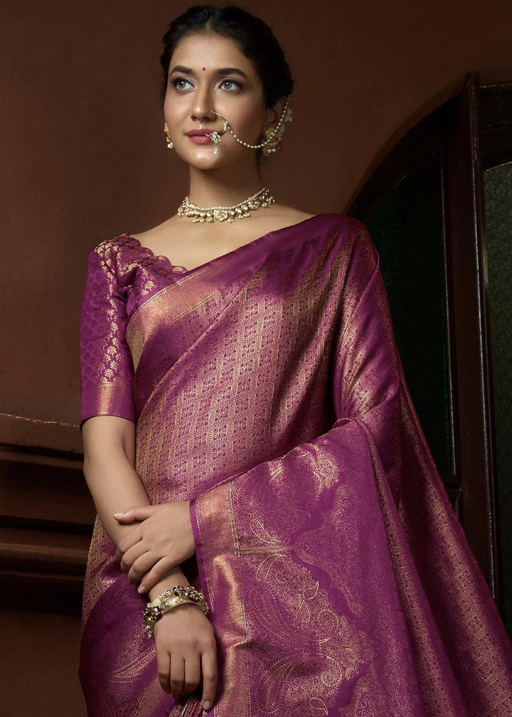 Lollipop Purple & Golden Blend Woven Kanjivaram Silk Saree | Stitched Blouse - qivii