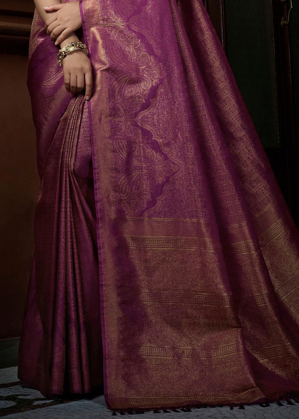 Lollipop Purple & Golden Blend Woven Kanjivaram Silk Saree | Stitched Blouse - qivii