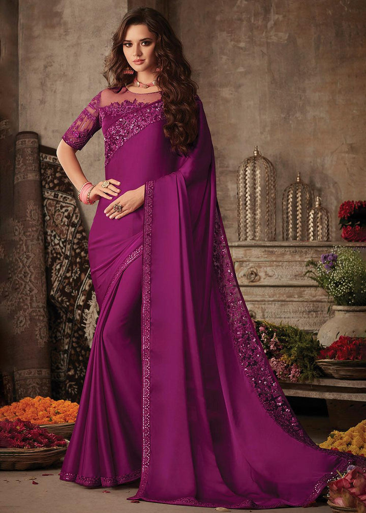 Lollipop Purple Designer Embroidered Silk Saree with Sequence work | Stitched Blouse - qivii