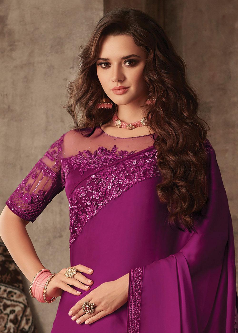 Lollipop Purple Designer Embroidered Silk Saree with Sequence work | Stitched Blouse - qivii