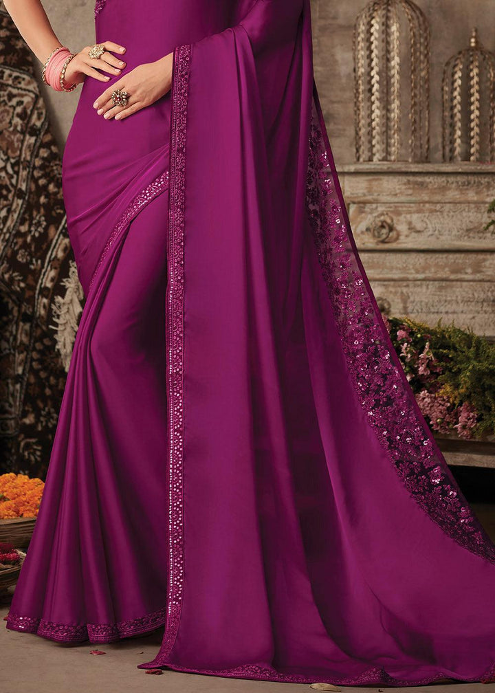 Lollipop Purple Designer Embroidered Silk Saree with Sequence work | Stitched Blouse - qivii