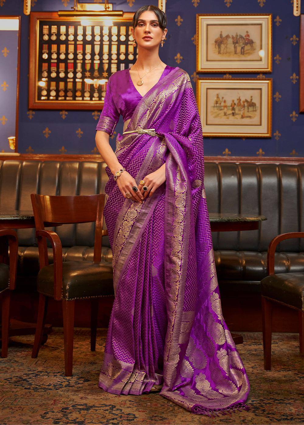 Lollipop Purple Designer Satin Silk Saree | Stitched Blouse - qivii