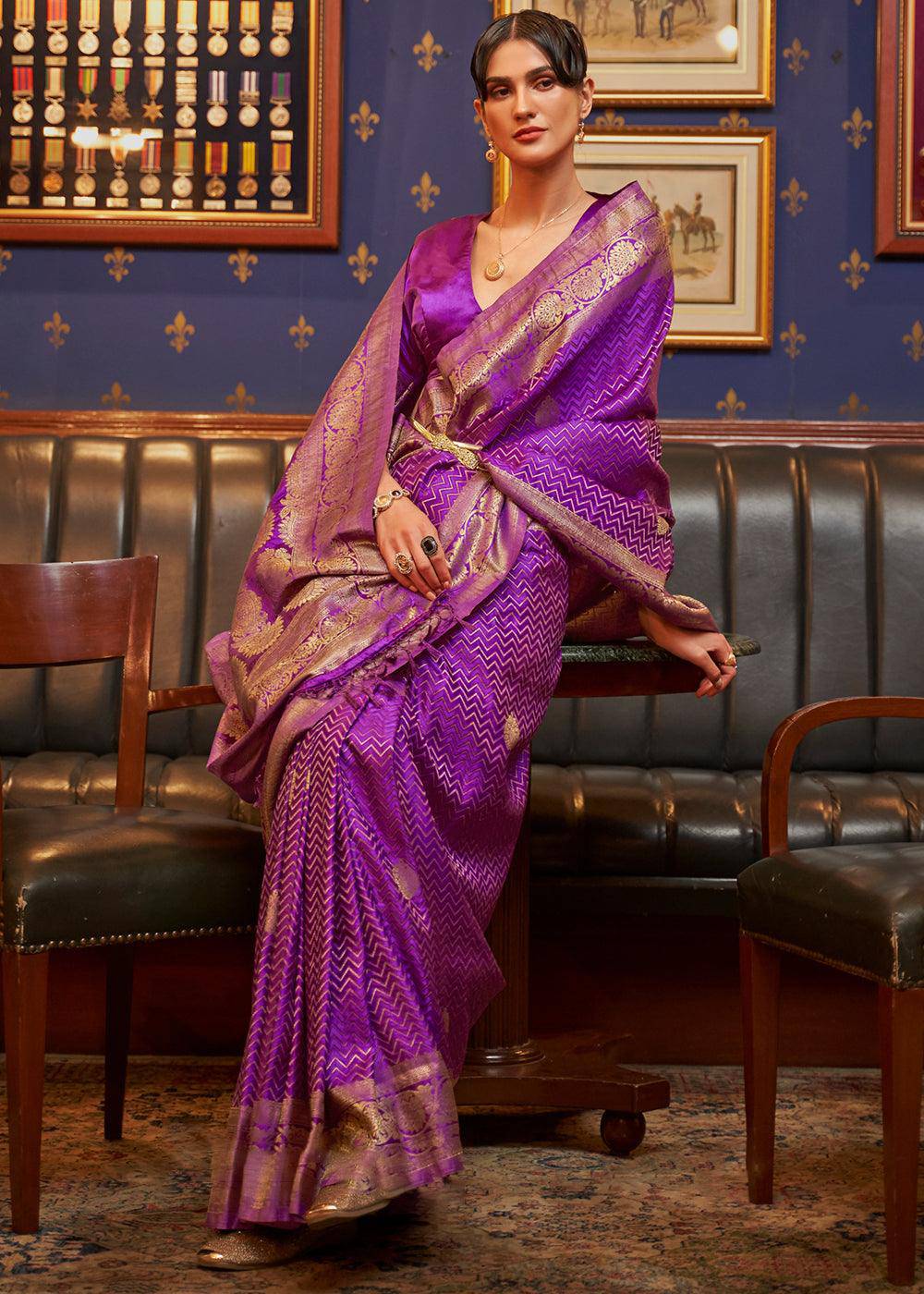 Lollipop Purple Designer Satin Silk Saree | Stitched Blouse - qivii