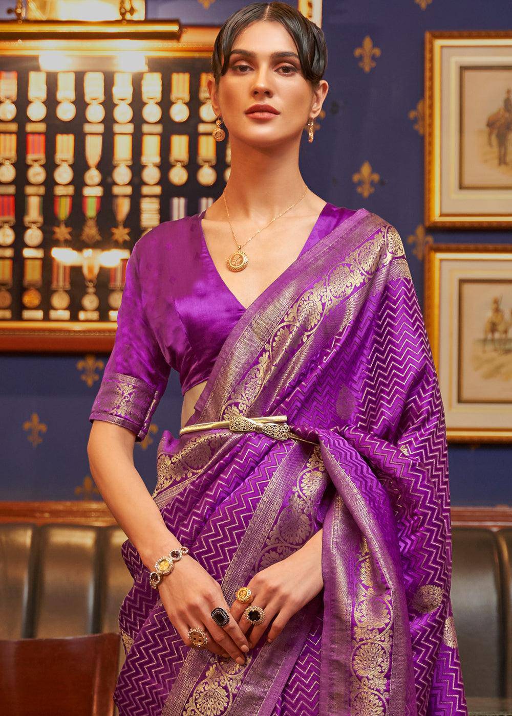 Lollipop Purple Designer Satin Silk Saree | Stitched Blouse - qivii