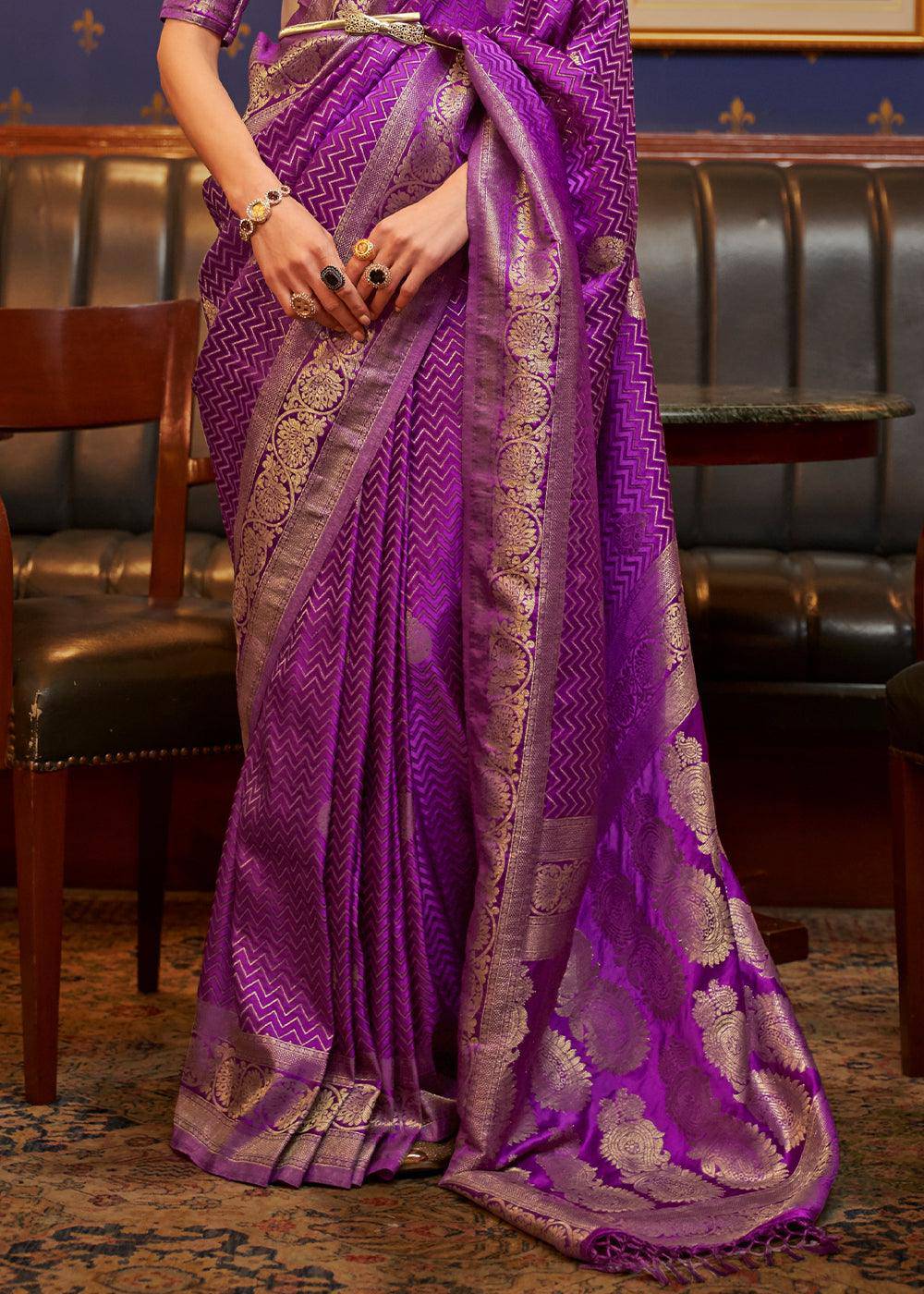 Lollipop Purple Designer Satin Silk Saree | Stitched Blouse - qivii