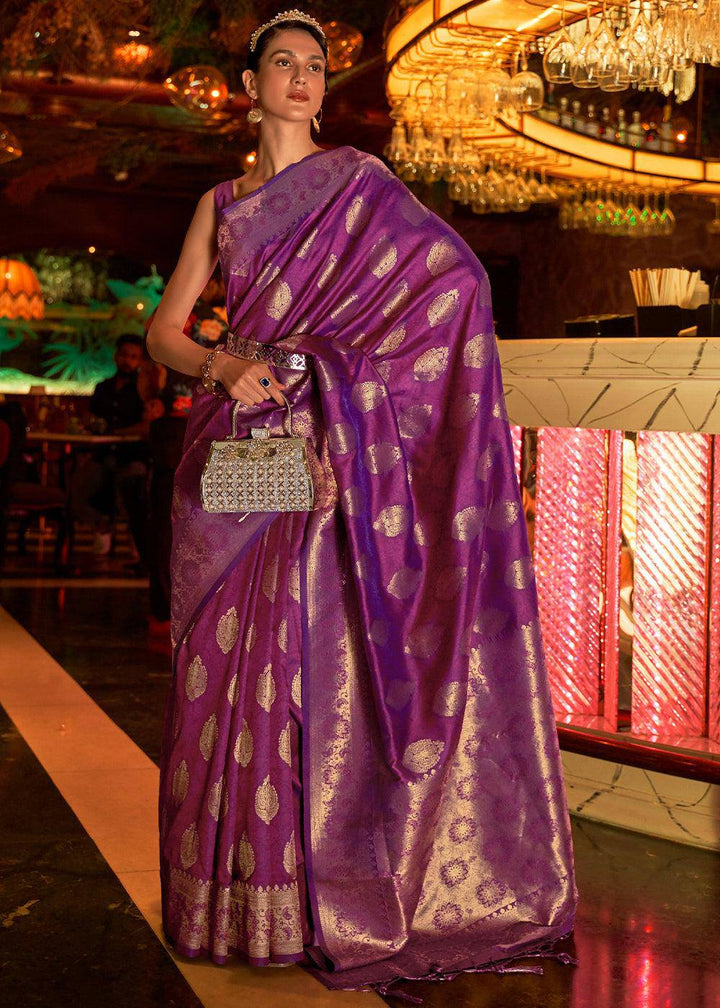 Lollipop Purple Handloom Woven Banarasi Silk Saree | Stitched Blouse - qivii