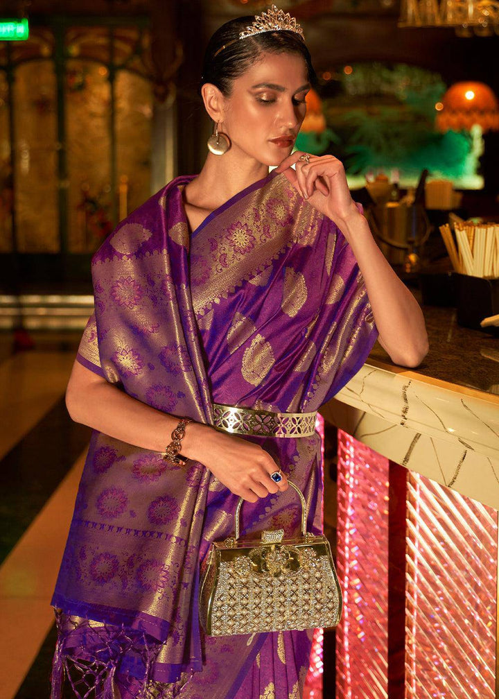 Lollipop Purple Handloom Woven Banarasi Silk Saree | Stitched Blouse - qivii