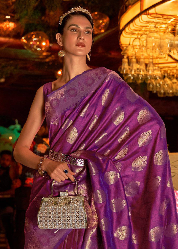 Lollipop Purple Handloom Woven Banarasi Silk Saree | Stitched Blouse - qivii