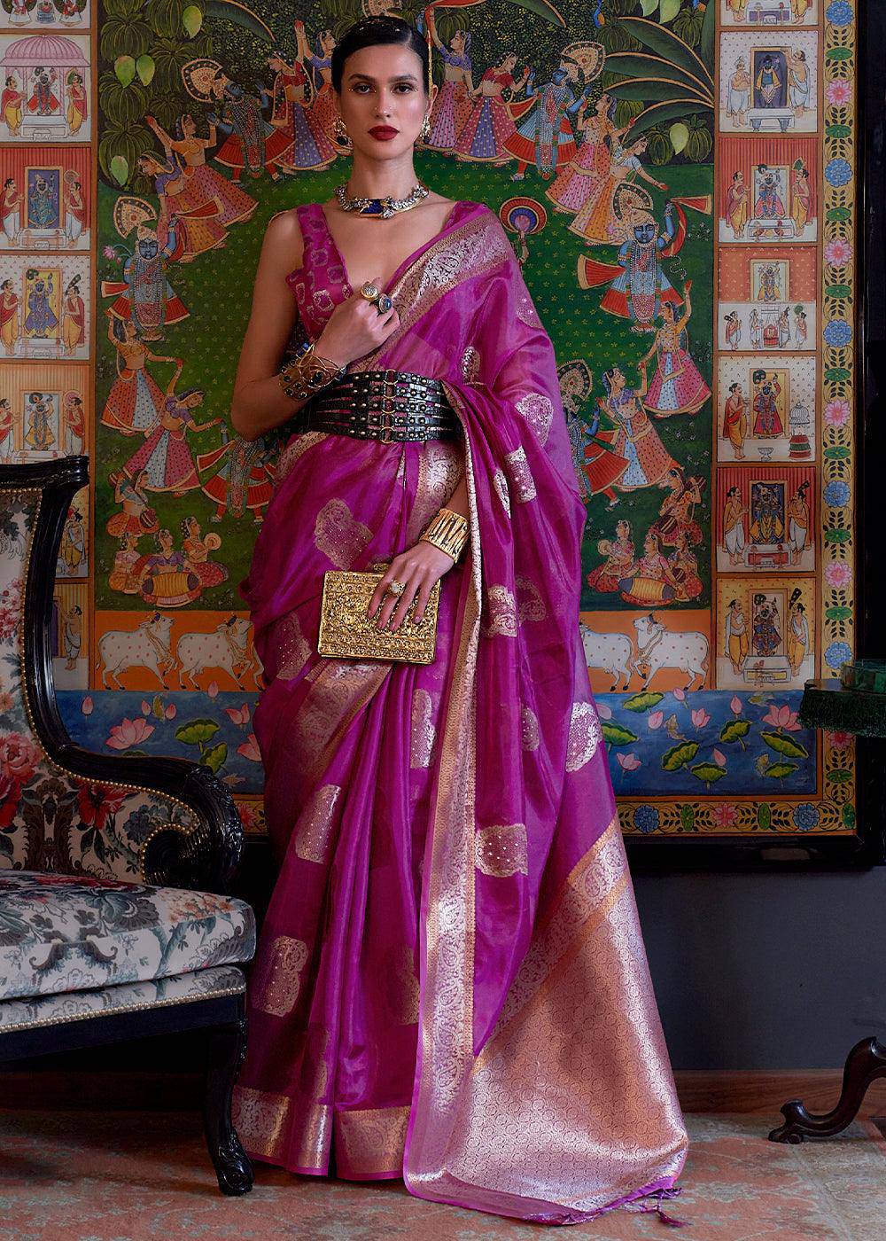 Lollipop Purple Handloom Woven Dual Tone Organza Silk Saree with Sequins Work | Stitched Blouse - qivii