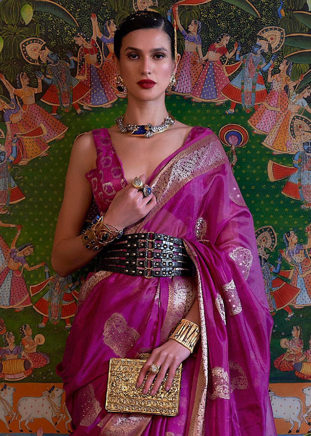 Lollipop Purple Handloom Woven Dual Tone Organza Silk Saree with Sequins Work | Stitched Blouse - qivii