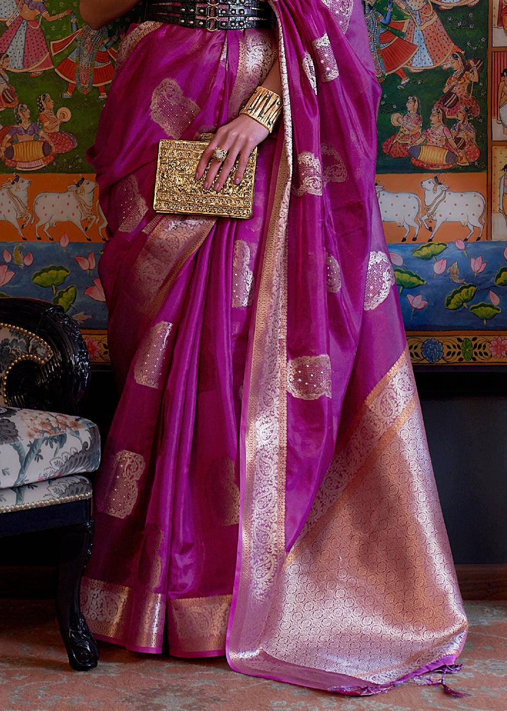 Lollipop Purple Handloom Woven Dual Tone Organza Silk Saree with Sequins Work | Stitched Blouse - qivii