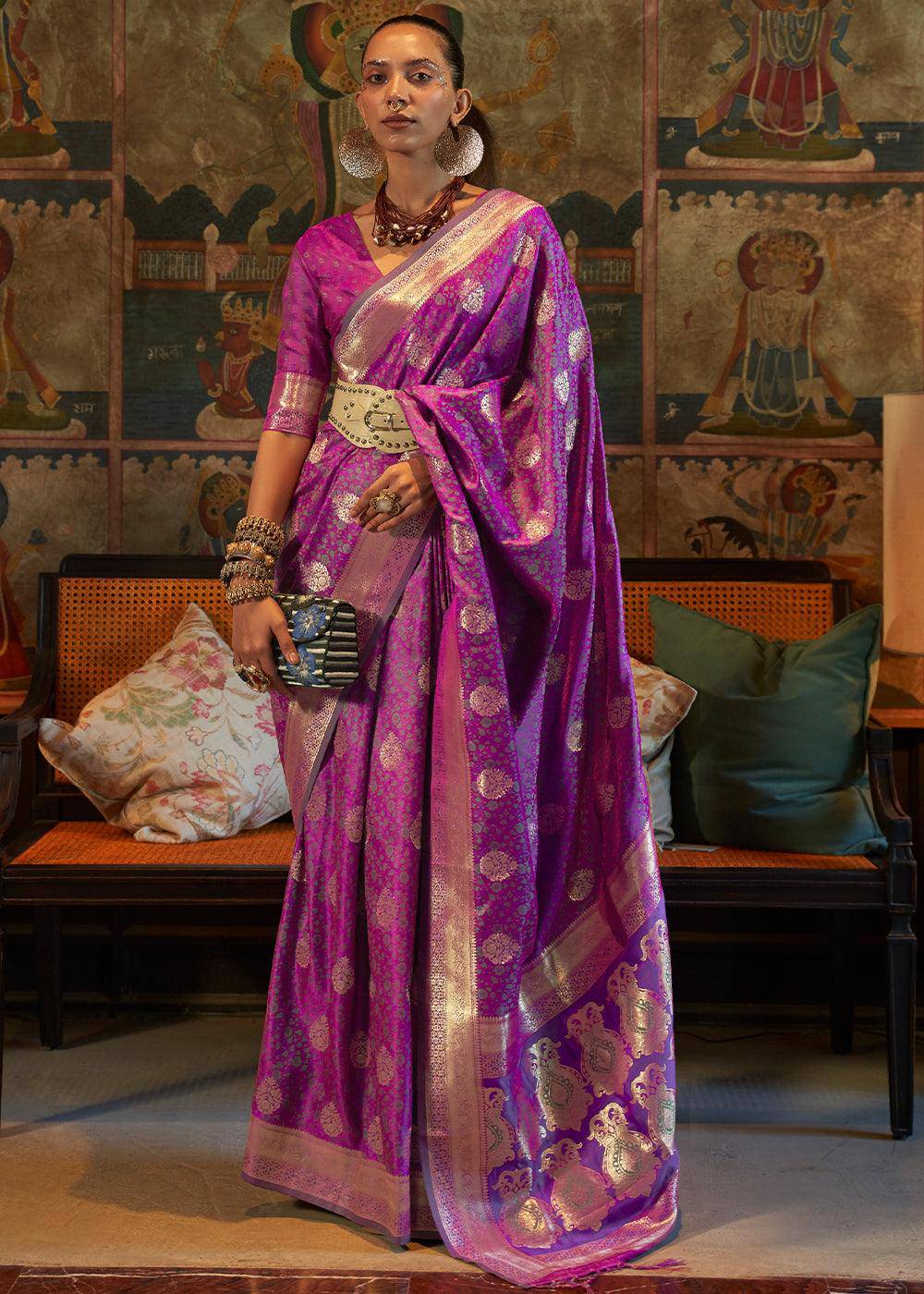 Lollipop Purple Tanchoi Handloom Woven Satin Silk Saree | Stitched Blouse - qivii