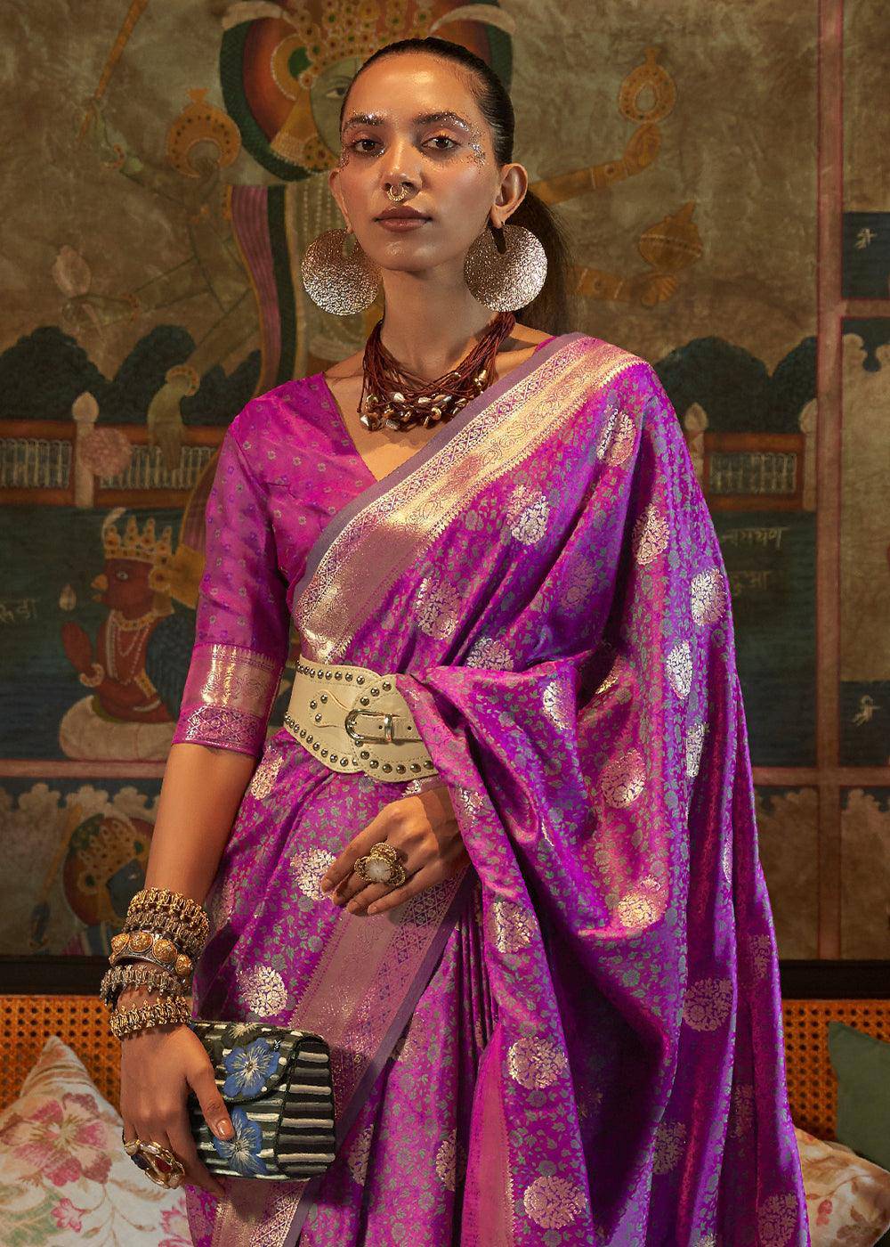 Lollipop Purple Tanchoi Handloom Woven Satin Silk Saree | Stitched Blouse - qivii