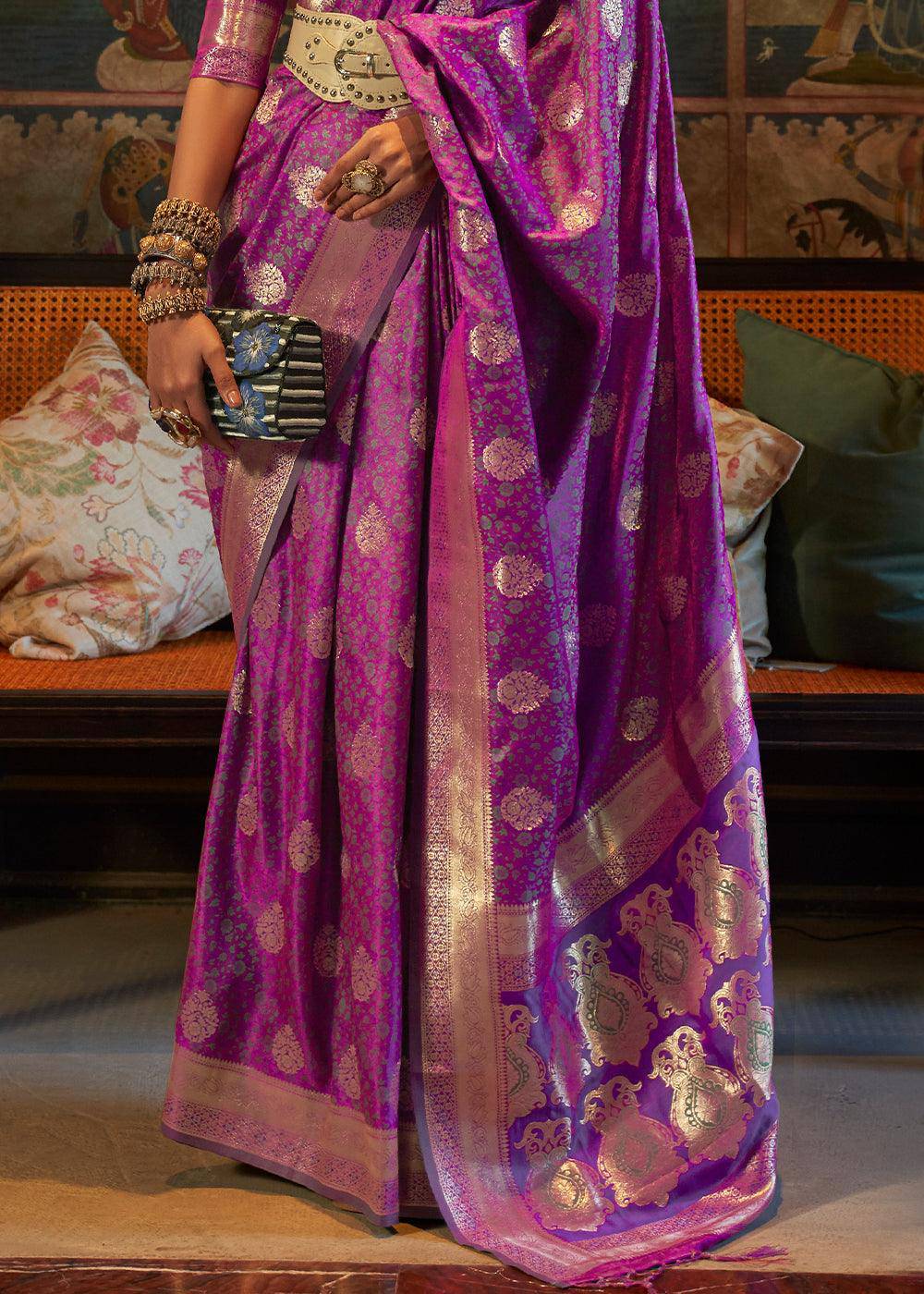 Lollipop Purple Tanchoi Handloom Woven Satin Silk Saree | Stitched Blouse - qivii