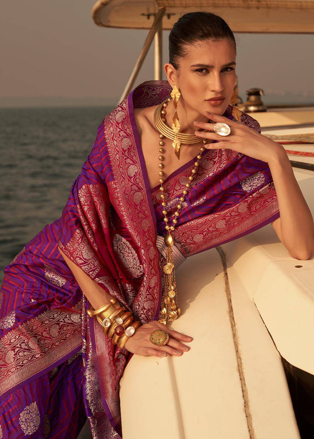 Lollipop Purple Two Tone Designer Satin Silk Saree | Stitched Blouse - qivii