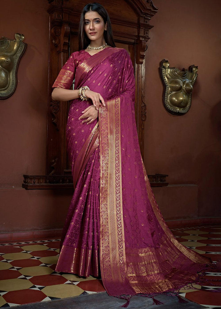 Lollipop Purple Woven Designer Satin Silk Saree | Stitched Blouse - qivii