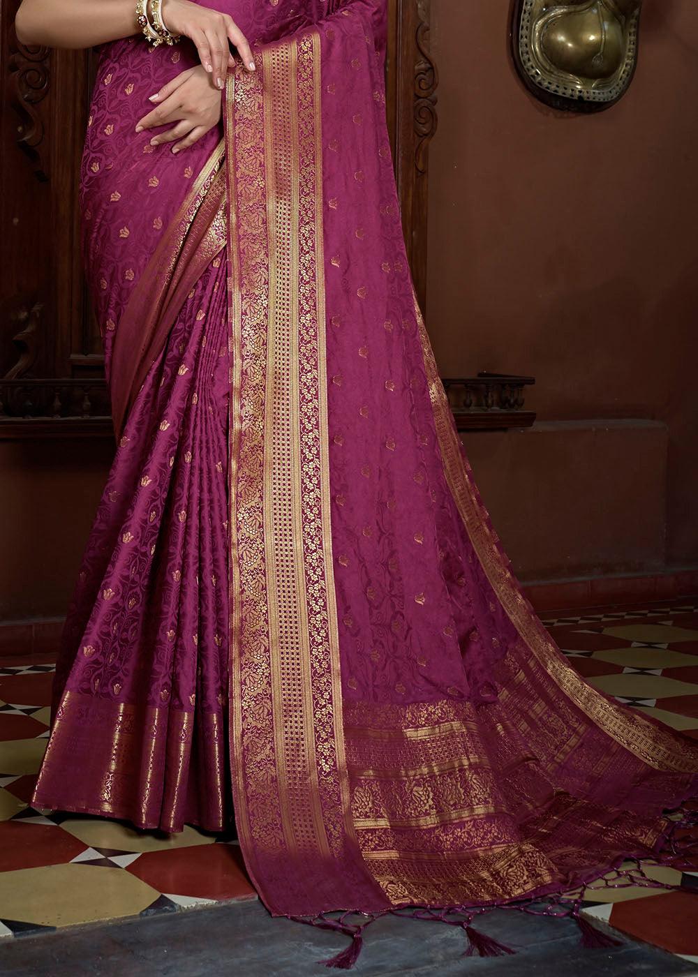 Lollipop Purple Woven Designer Satin Silk Saree | Stitched Blouse - qivii