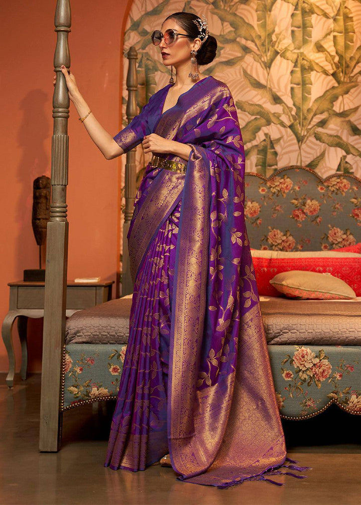 Lollipop Purple Woven Floral Banarasi Silk Saree | Stitched Blouse - qivii