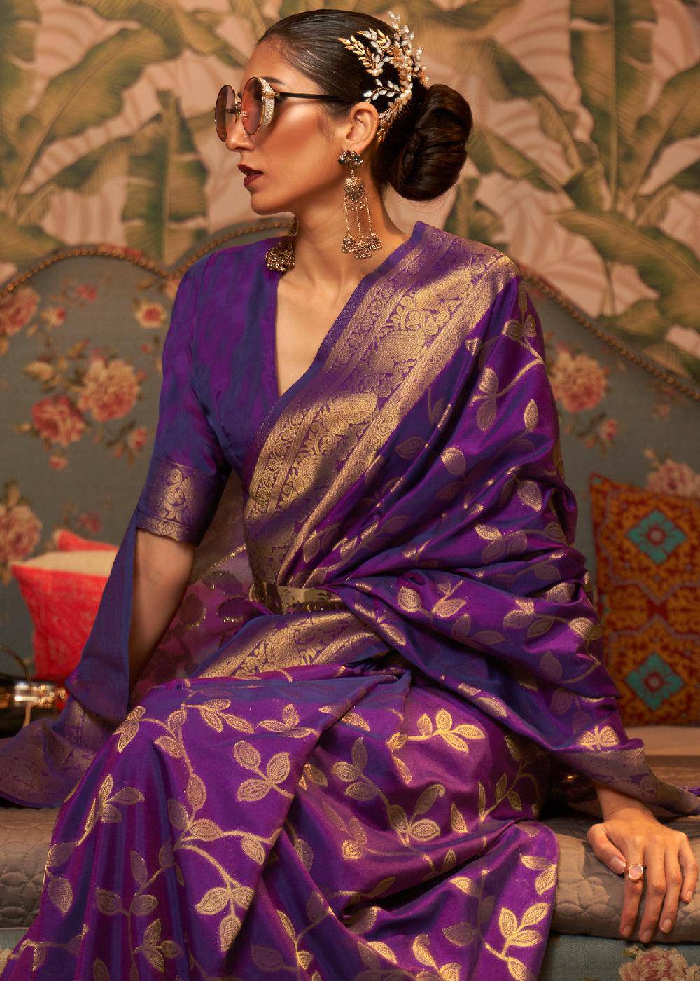 Lollipop Purple Woven Floral Banarasi Silk Saree | Stitched Blouse - qivii