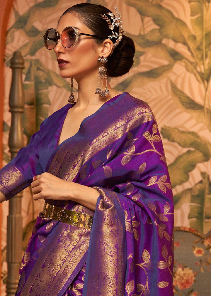 Lollipop Purple Woven Floral Banarasi Silk Saree | Stitched Blouse - qivii