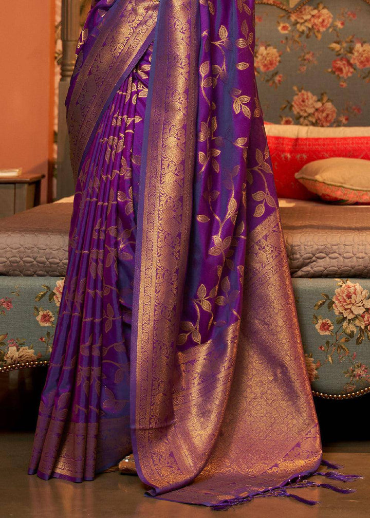 Lollipop Purple Woven Floral Banarasi Silk Saree | Stitched Blouse - qivii