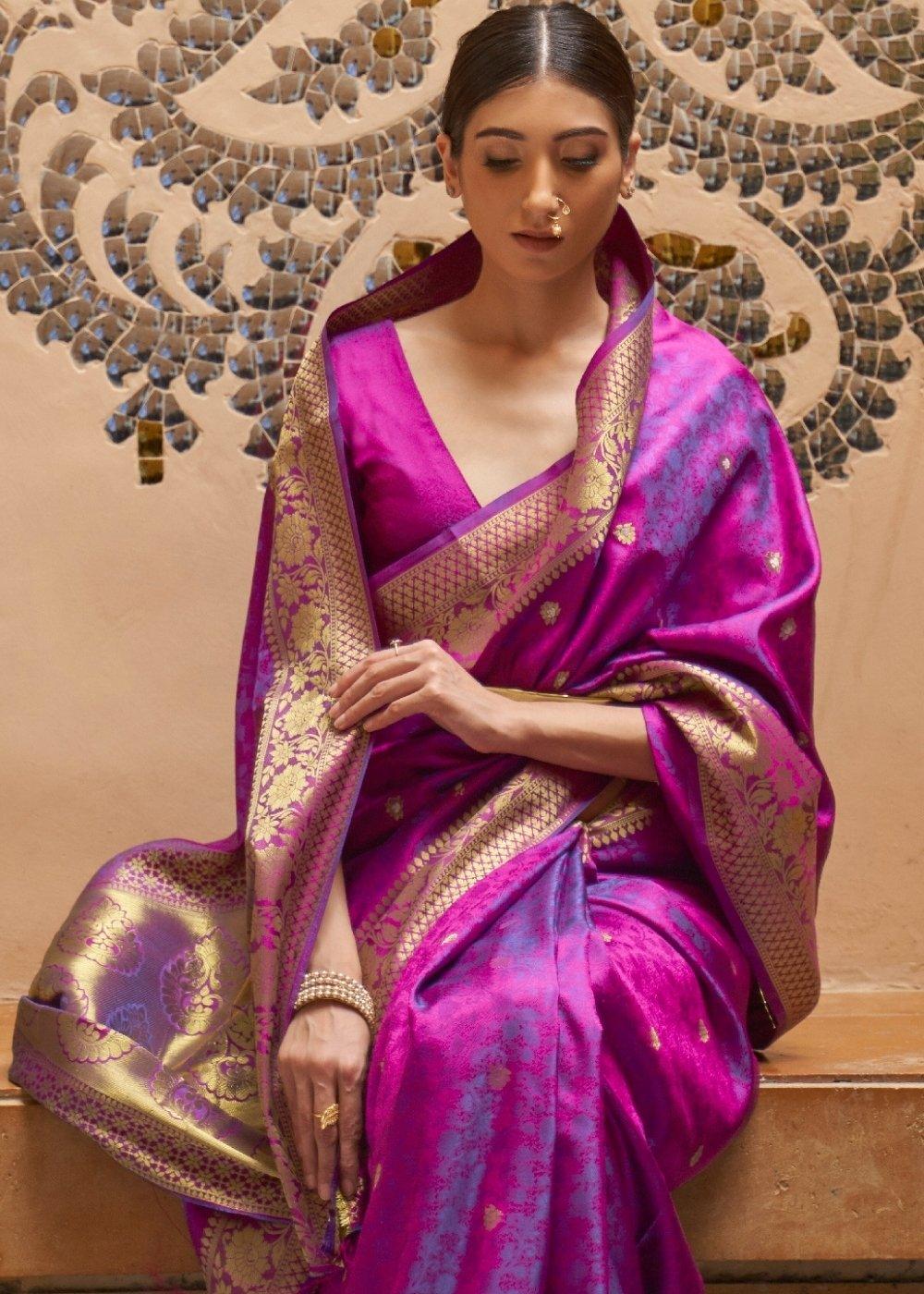 Lollipop Purple Woven Kanjivaram Silk Saree : Top Pick | Stitched Blouse - qivii