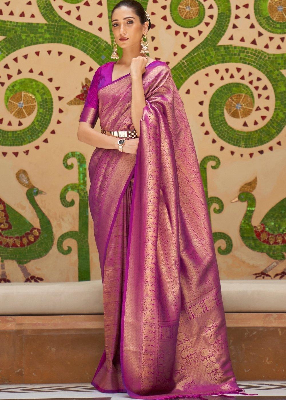 Lollipop Purple Zari Woven Kanjivaram Silk Saree | Stitched Blouse - qivii