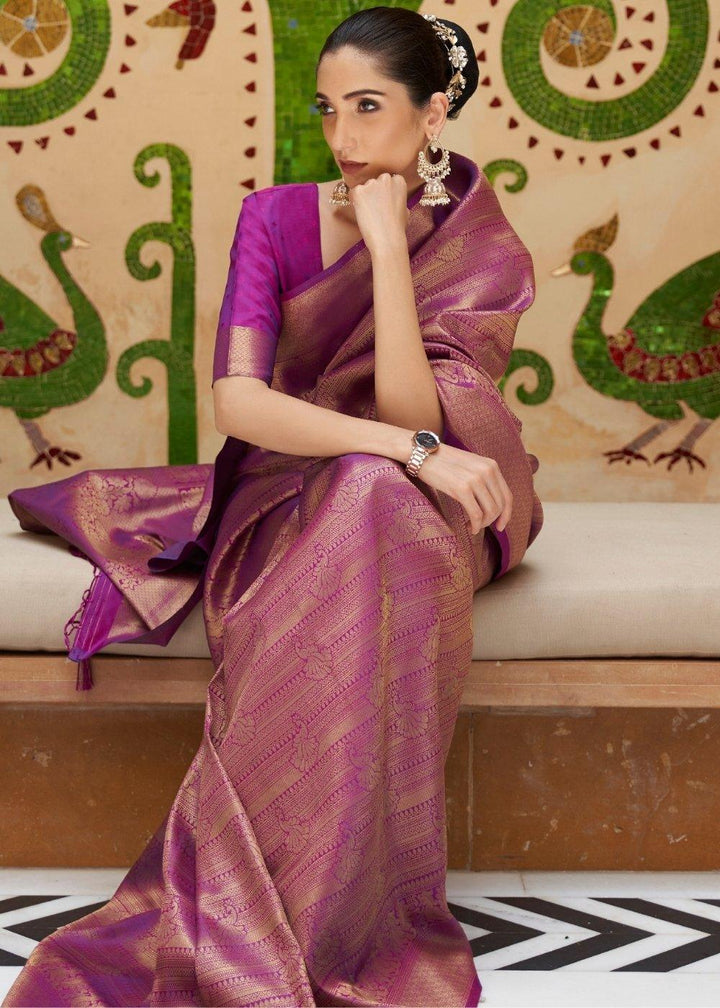 Lollipop Purple Zari Woven Kanjivaram Silk Saree | Stitched Blouse - qivii