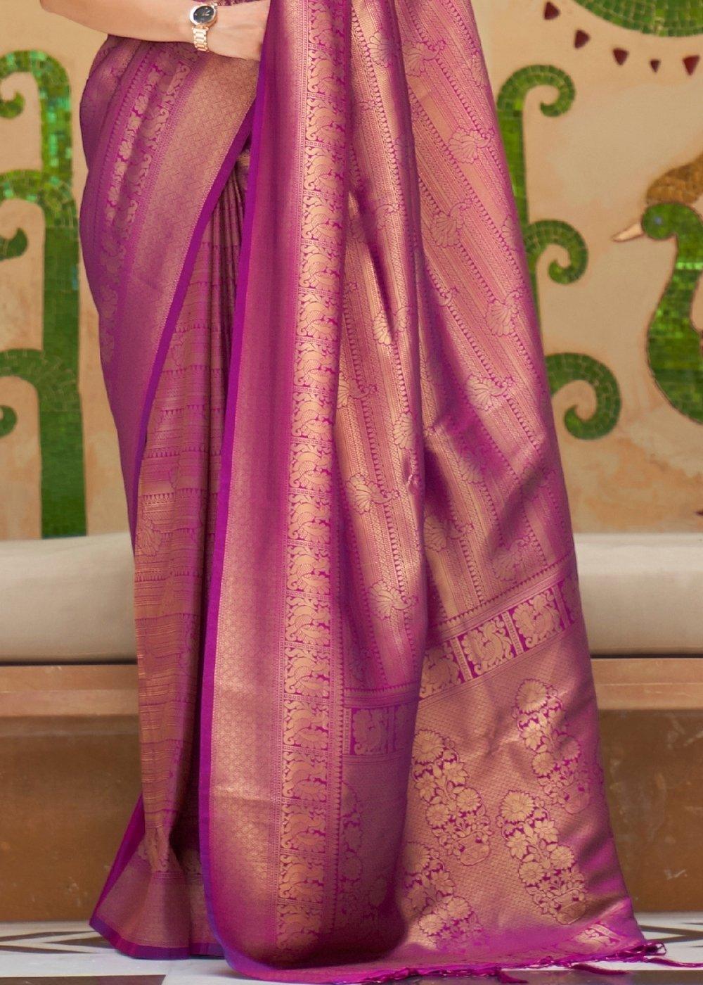 Lollipop Purple Zari Woven Kanjivaram Silk Saree | Stitched Blouse - qivii