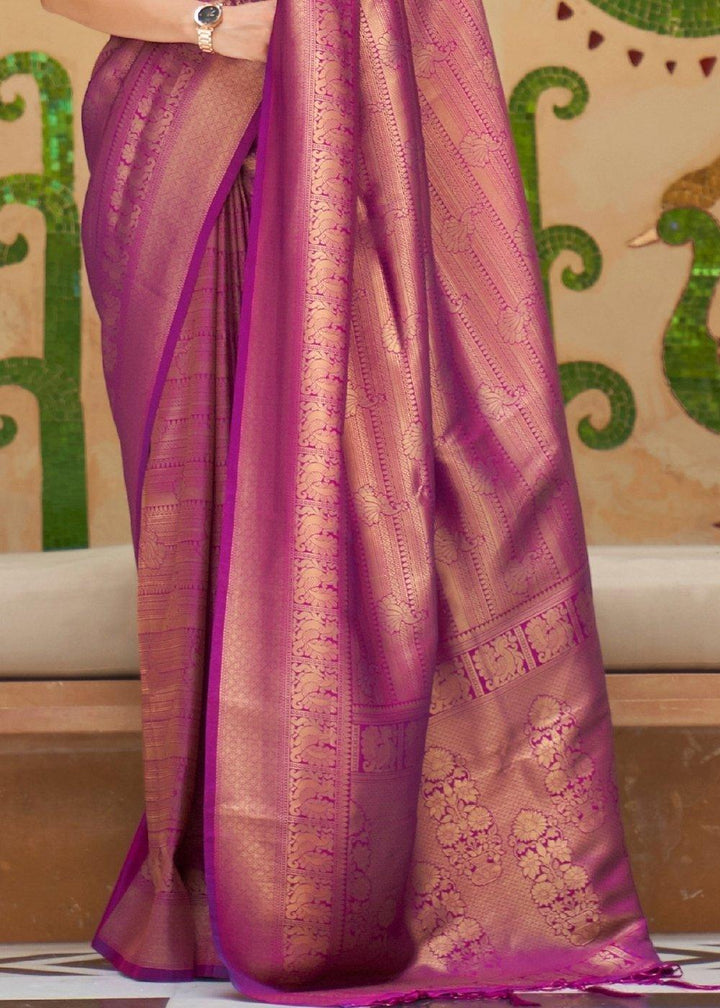 Lollipop Purple Zari Woven Kanjivaram Silk Saree | Stitched Blouse - qivii