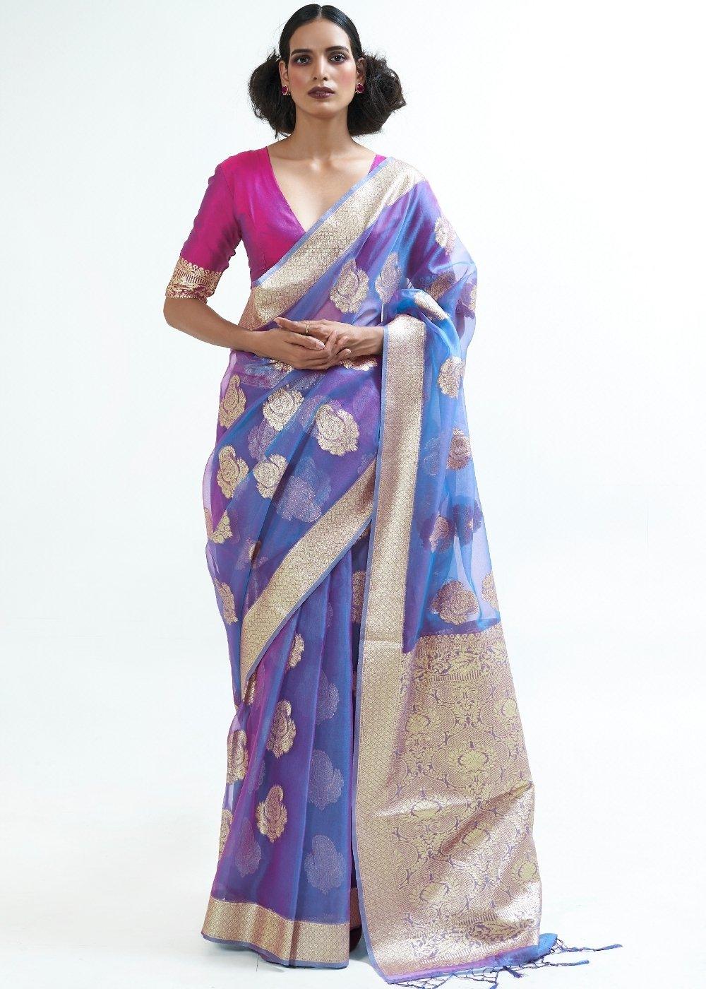 Lotus Blue Designer Woven Organza Silk Saree | Stitched Blouse - qivii