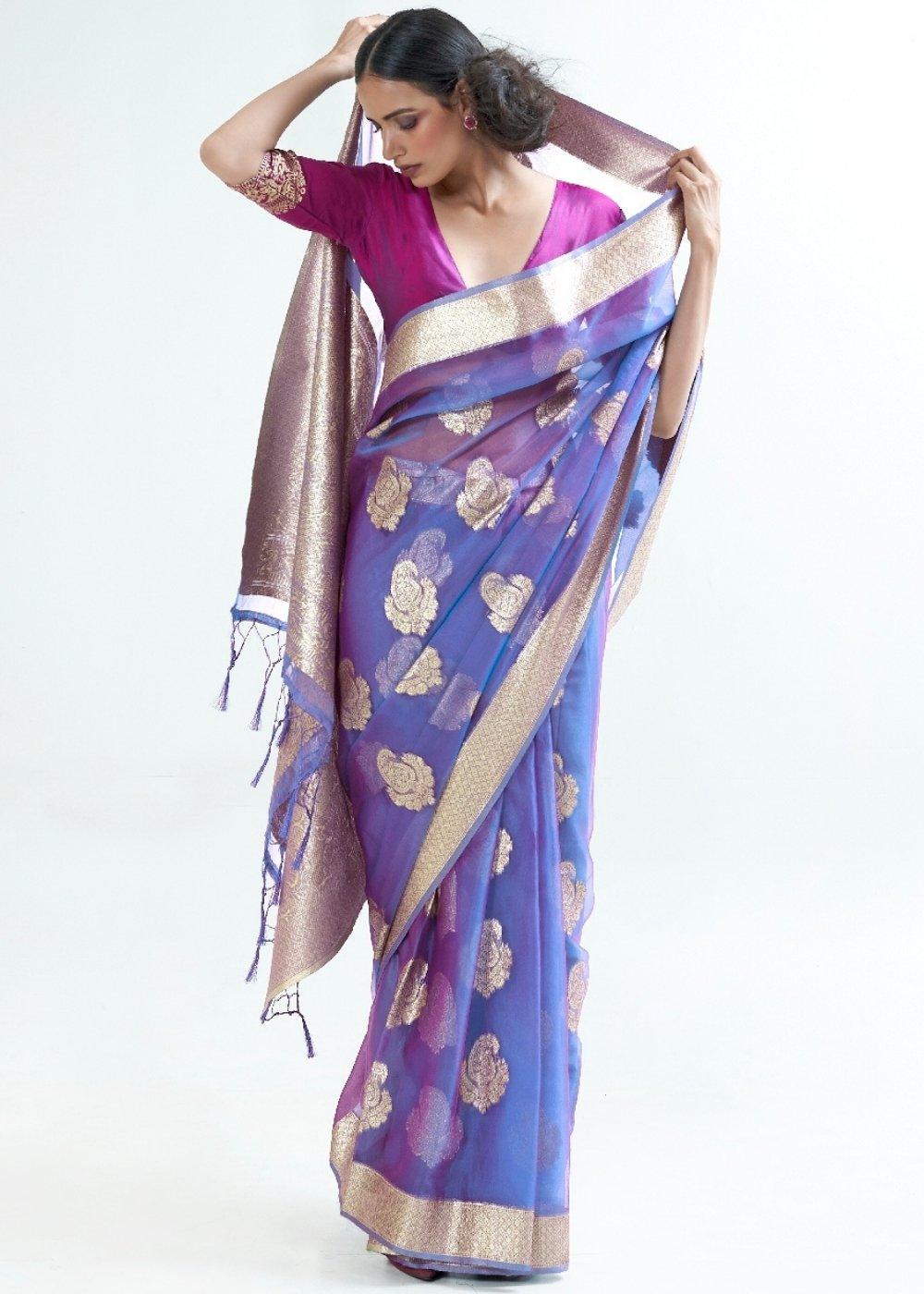 Lotus Blue Designer Woven Organza Silk Saree | Stitched Blouse - qivii