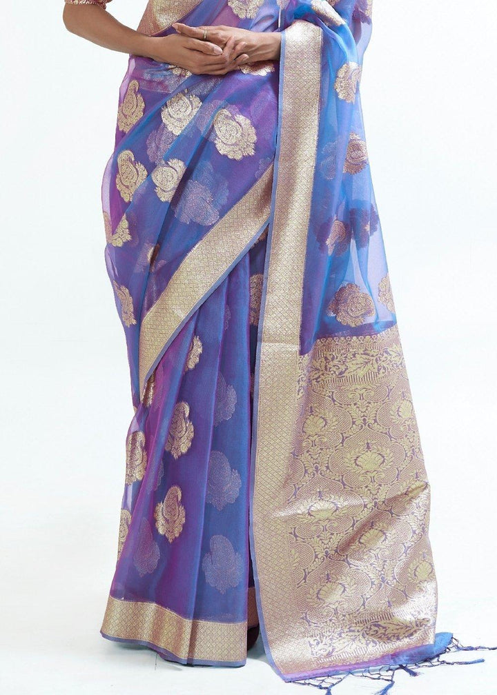 Lotus Blue Designer Woven Organza Silk Saree | Stitched Blouse - qivii