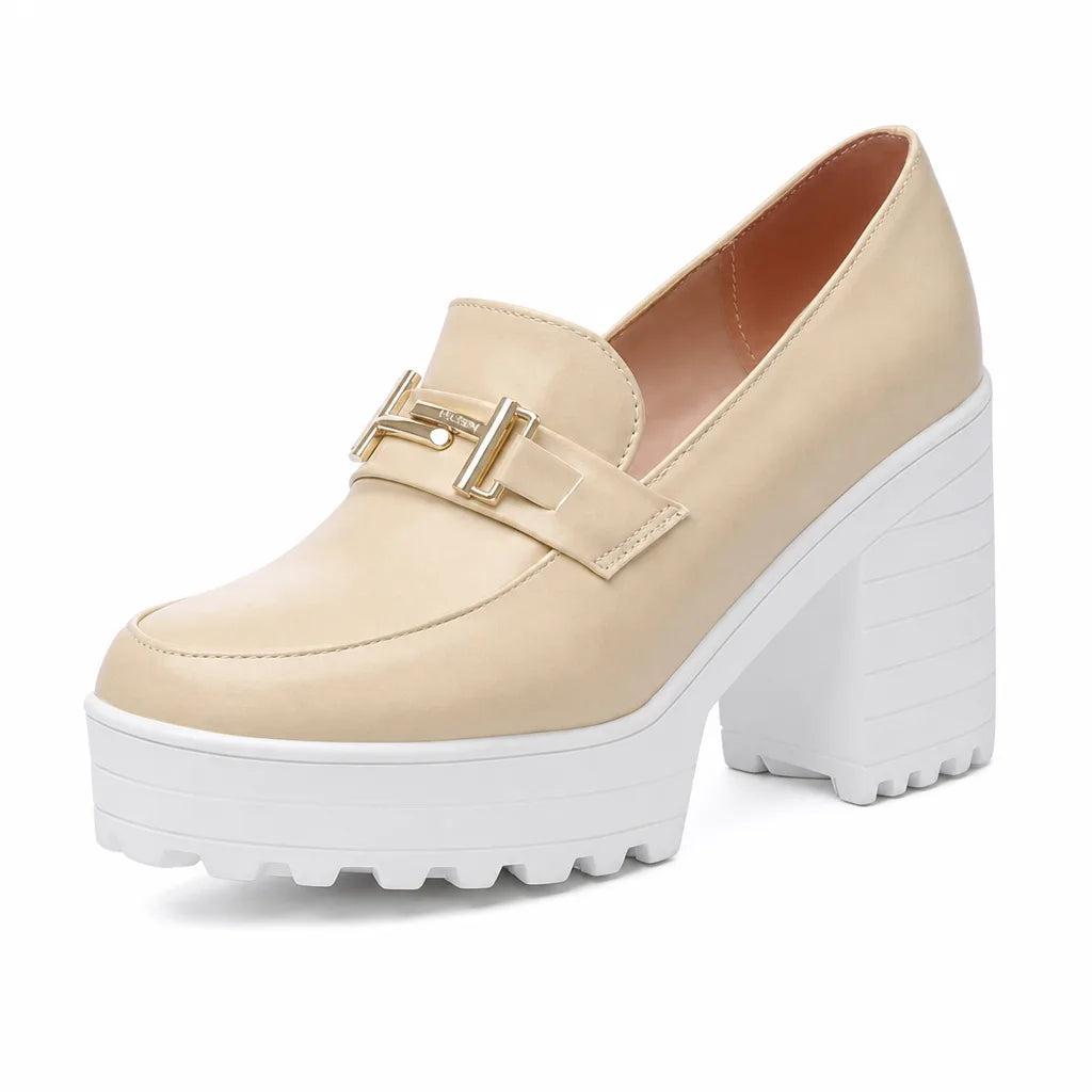 Beige Lucian women's orthopedic platform heels by Hudson Ridge, stylish footwear with supportive design and modern heel height.