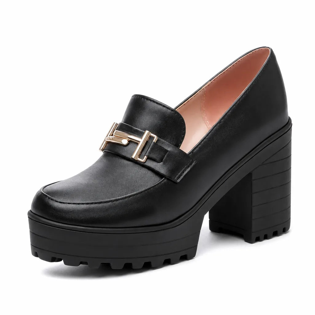 Black women's orthopedic platform heels by Qivii, featuring supportive design and stylish chunky heel for comfortable wear.