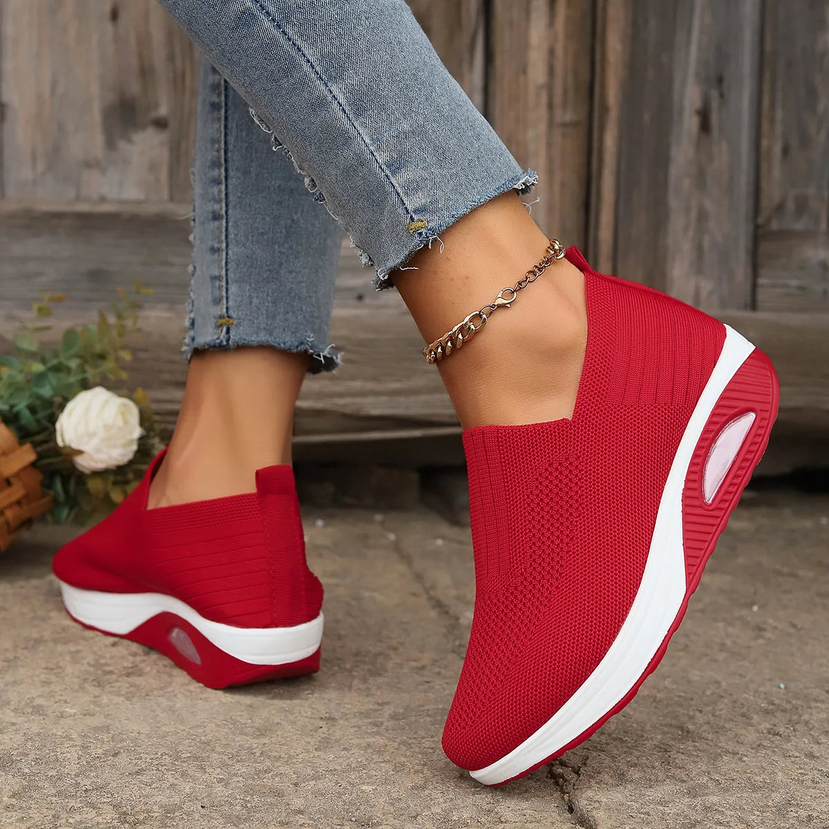Red Lucinda women's cushioned orthopedic sneakers by Hudson Ridge, showcasing comfortable footwear with supportive design.