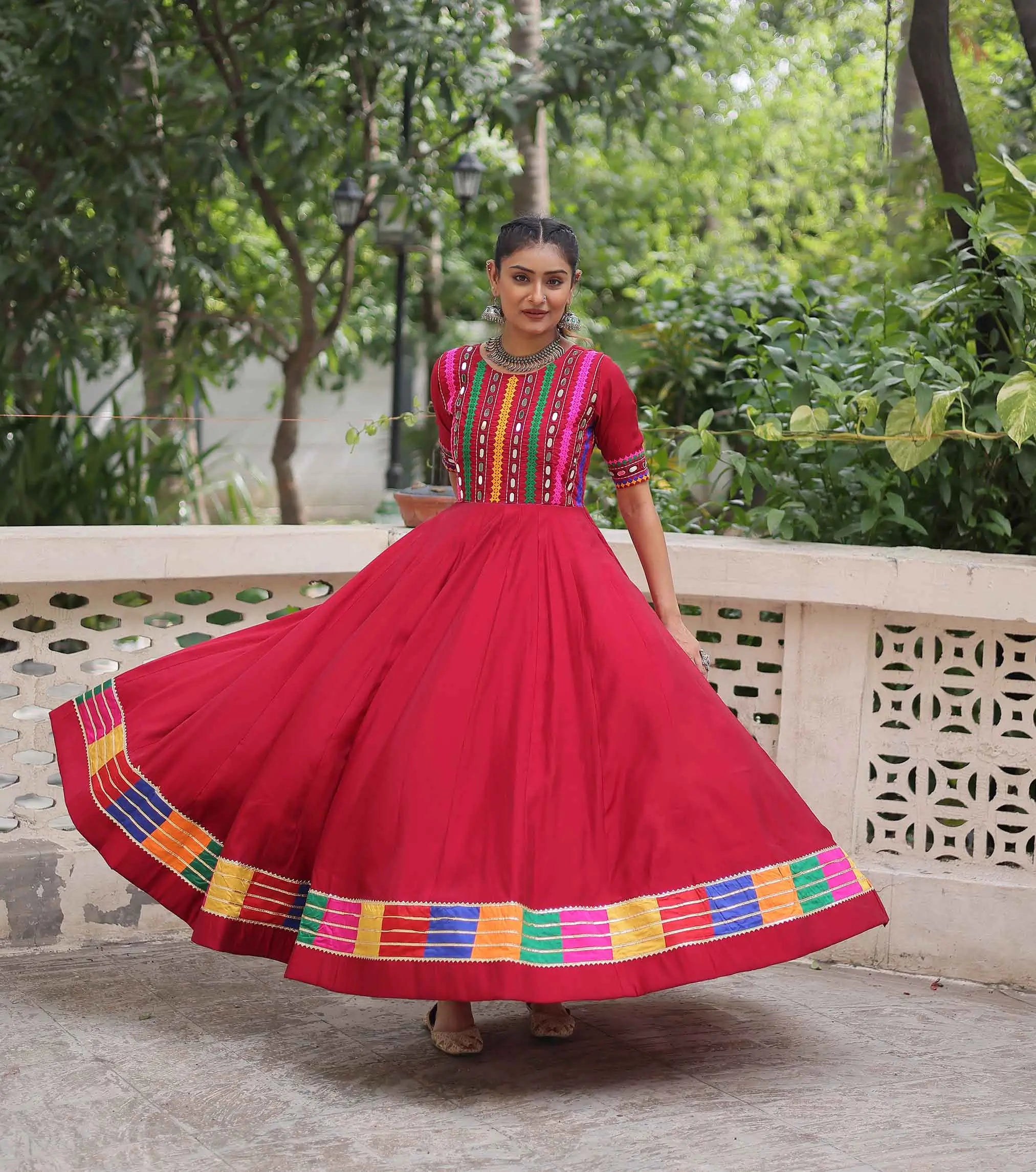 Maroon Multi Thread And Mirror Work With Lace Embellished Navratri Gown