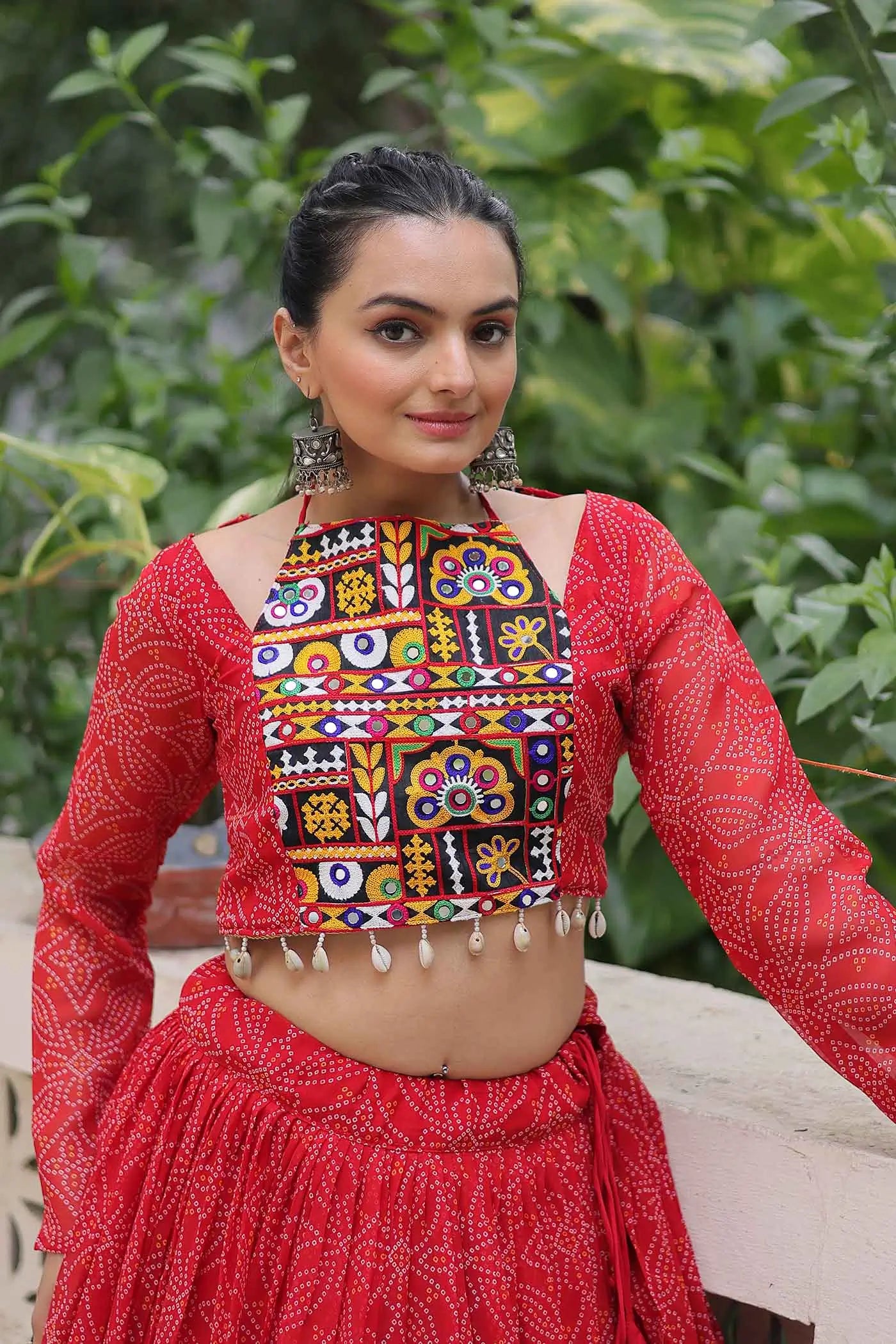 Red Georgette Bandhej Print With Gamthi Work Navratri Lehenga Choli