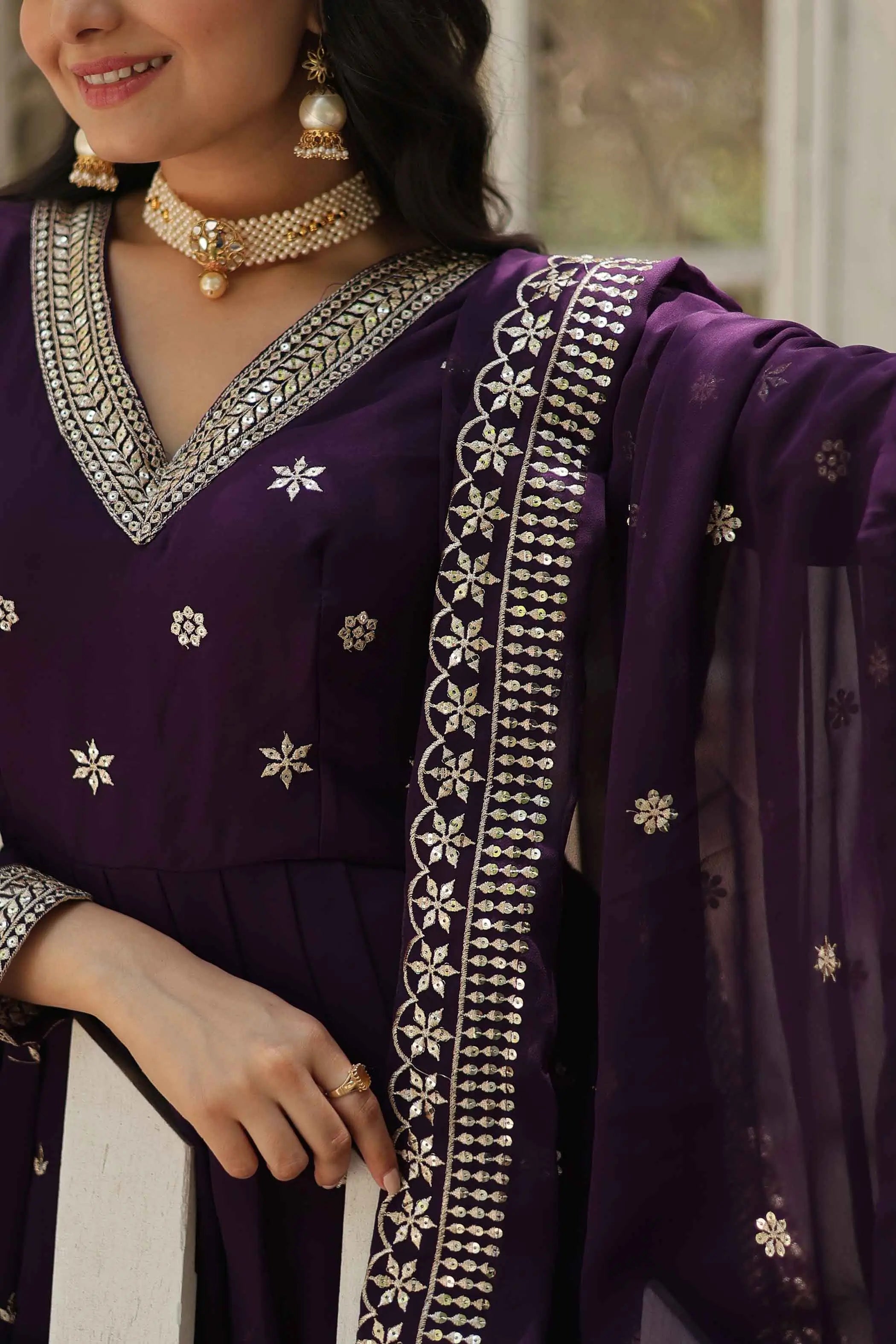 Dark Purple Gown Zari Sequins Embroidery Work And Dupatta - qivii